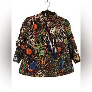 Erin London Womens Jacket Tribal Abstract Black Multi Zip 3/4 Sleeve Sz PM 8/10